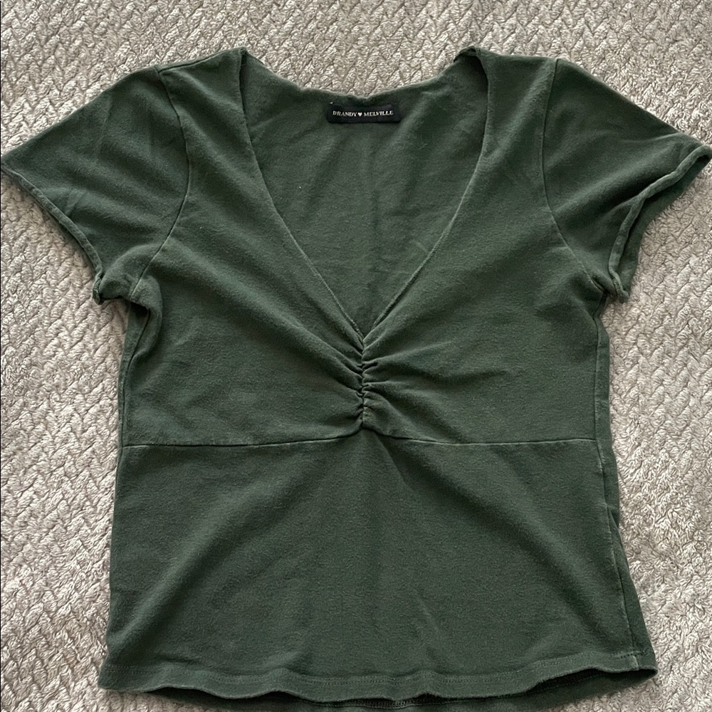 Brandy Melville Forest Green Ruched V-Neck Tee